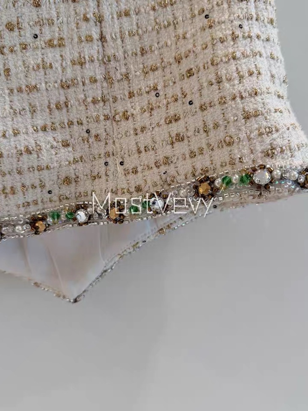 Designer Luxury Beaded Tweed V-Neck Vest in Cream and Gold - Picture 7 of 9
